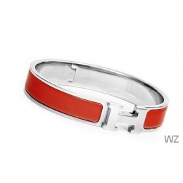 Hermes Red Enamel Clic H Bracelet Narrow Width (12mm) In Silver